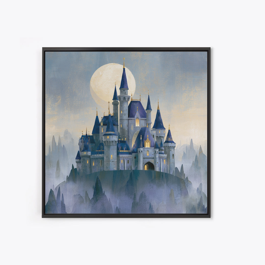 Storybook Castle on a Misty Hill Framed Canvas Print, Fairy Tale Art, Dark Art, Living Room Decor, Fine Art, Storybook, FTA-1x1-2