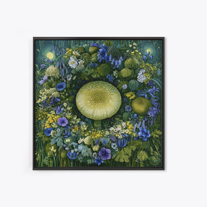 Fairy Ring of Mushrooms and Wildflowers Framed Canvas Print, Fairy Tale Art, Neutral Decor, Living Room Decor, Oil Painting, FTA-1x1-21