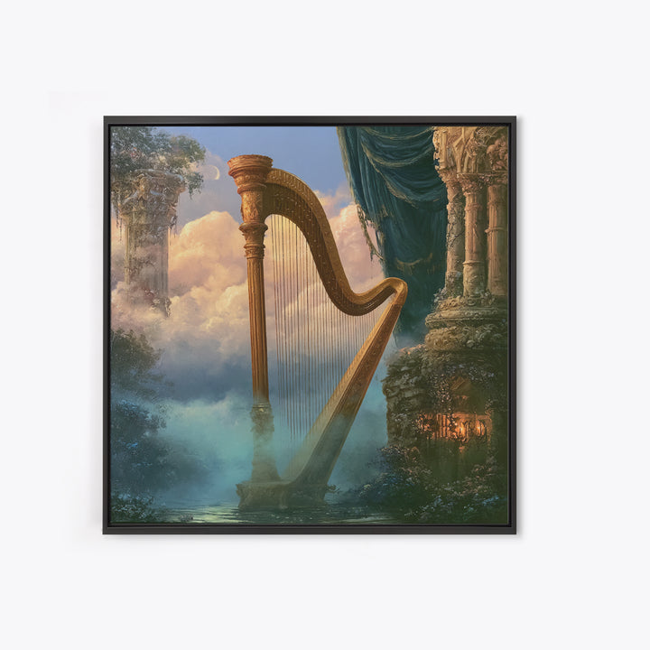 Golden Harp in a Cloud Kingdom Canvas Print, Fairy Tale Art, Princess Wall Art, Living Room Decor, Oil Painting, Storybook, FTA-1x1-22