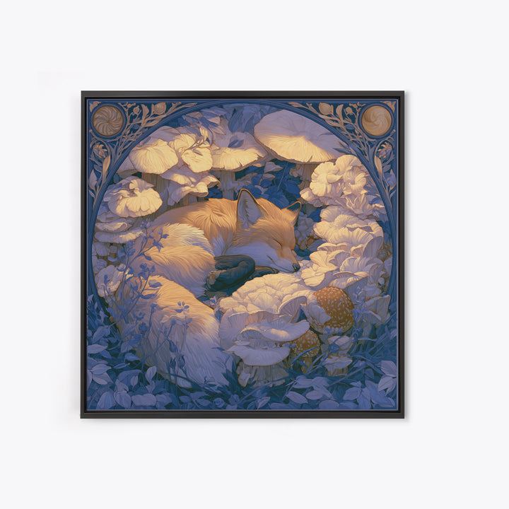 Sleeping Fox Beside a Magical Mushroom Ring Framed Canvas Print, Fairy Tale Art, Nursery Art, Living Room Decor, Storybook, FTA-1x1-27