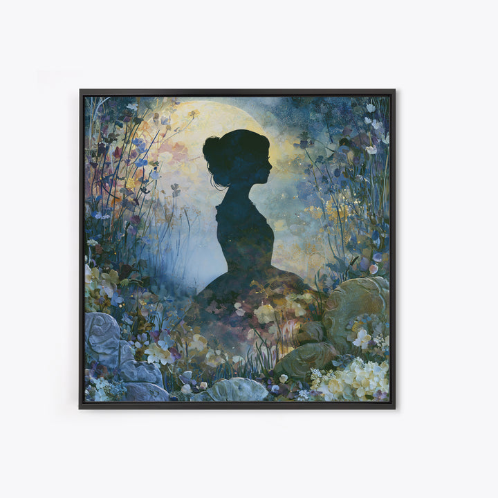 Princess Silhouette with Moonlit Garden Flowers Framed Canvas Print, Fairy Tale Art, Art Deco, Living Room Decor, Storybook, FTA-1x1-28