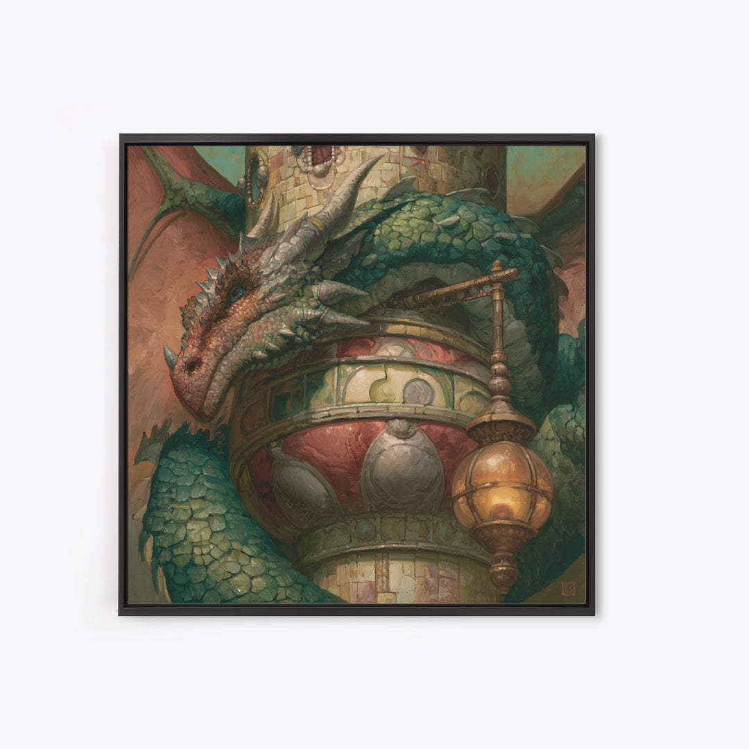 Dragon Curled Around a Jeweled Tower Framed Canvas Print, Fairy Tale Art, Textured Painting, Living Room Decor, Storybook, FTA-1x1-29