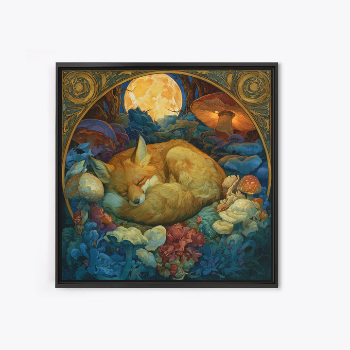 Sleeping Fox Beside a Magical Mushroom Ring Canvas Print, Fairy Tale Art, Abstract Art, Living Room Decor, Storybook, FTA-1x1-3