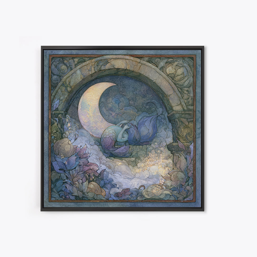 Mermaid Combing Hair Beneath a Pearl Moon Canvas Print, Fairy Tale Art, Nursery Wall Art, Living Room Decor, Watercolor Art, FTA-1x1-36