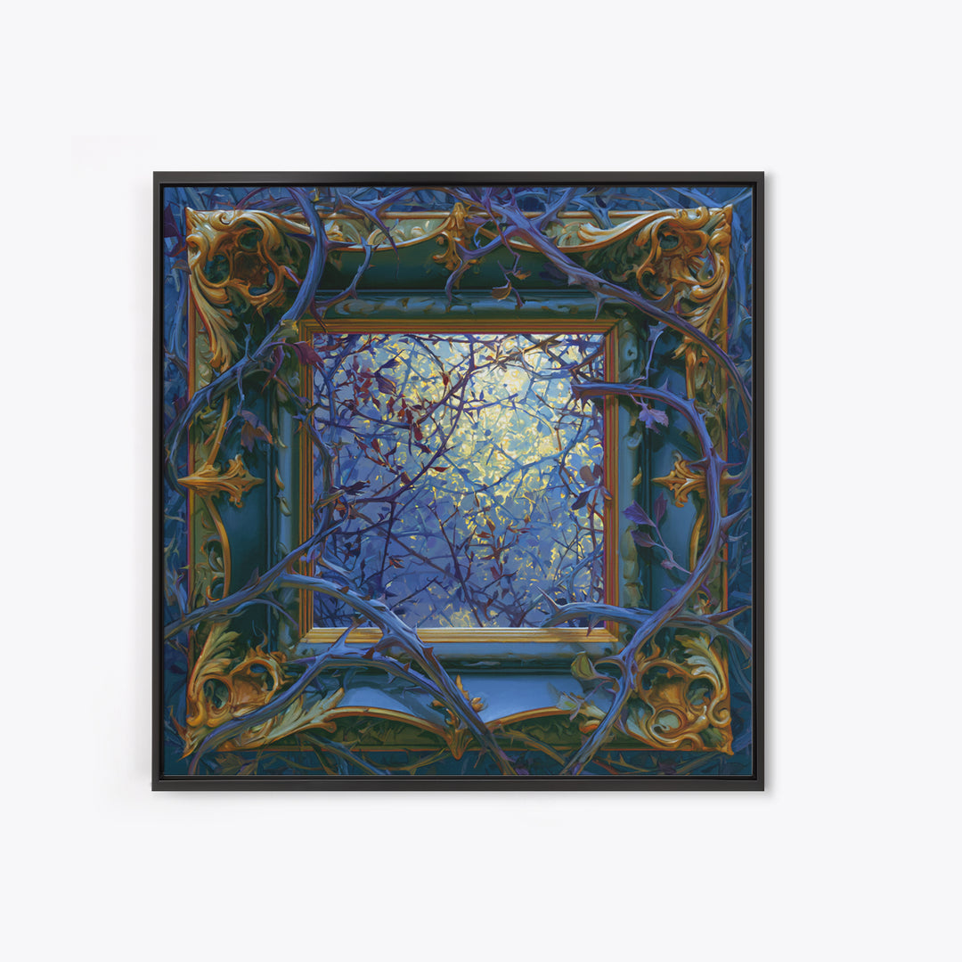 Magic Mirror Framed by Vines and Thorns Framed Canvas Print, Fairy Tale Art, Boho Decor, Living Room Decor, Oil Painting, FTA-1x1-37