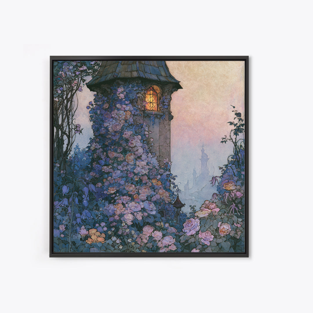 Rose Covered Tower Framed Canvas Print, Fairy Tale Art, Kids Room Decor, Living Room Decor, Abstract Art, Storybook, FTA-1x1-42