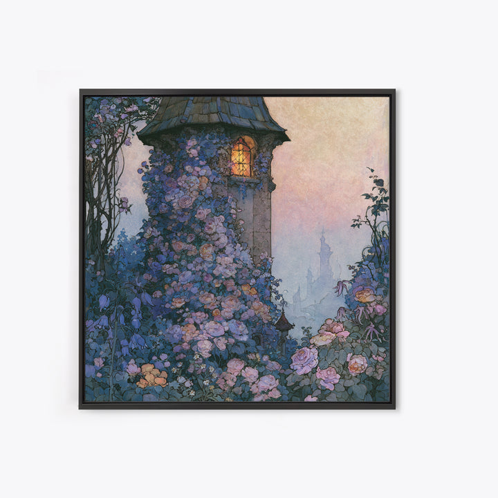 Rose Covered Tower Framed Canvas Print, Fairy Tale Art, Kids Room Decor, Living Room Decor, Abstract Art, Storybook, FTA-1x1-42