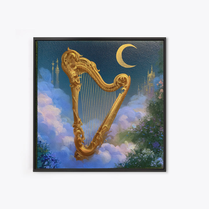 Golden Harp in a Cloud Kingdom Framed Canvas Print, Fairy Tale Art, Mixed Media Art, Living Room Decor, Fine Art, Storybook, FTA-1x1-46