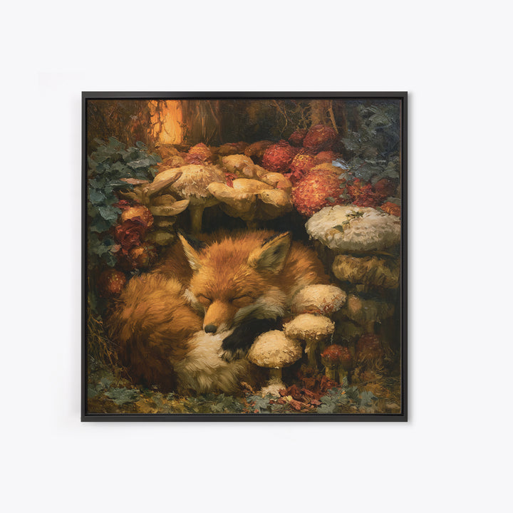 Sleeping Fox Beside a Magical Mushroom Ring Framed Canvas Print, Fairy Tale Art, Fantasy Art, Living Room Decor, Oil Painting, FTA-1x1-51