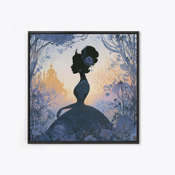 Princess Silhouette with Moonlit Garden Flowers Framed Canvas Print, Fairy Tale Art, Watercolor Art, Living Room Decor, FTA-1x1-52