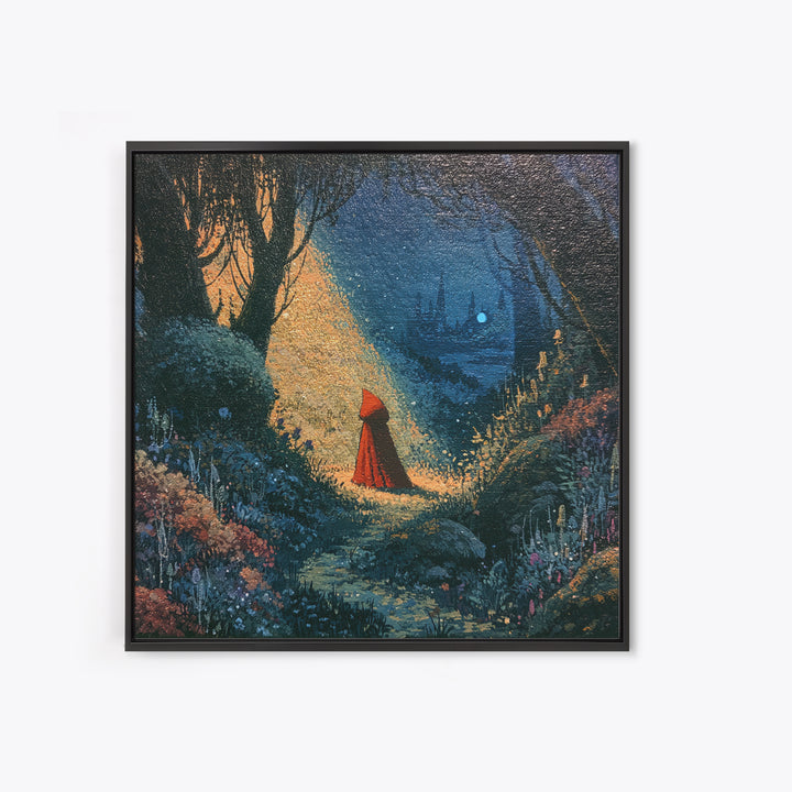 Red Cloak Figure Walking Through Dark Woods Framed Canvas Print, Fairy Tale Art, Canvas Wall Art, Living Room Decor, Storybook, FTA-1x1-56
