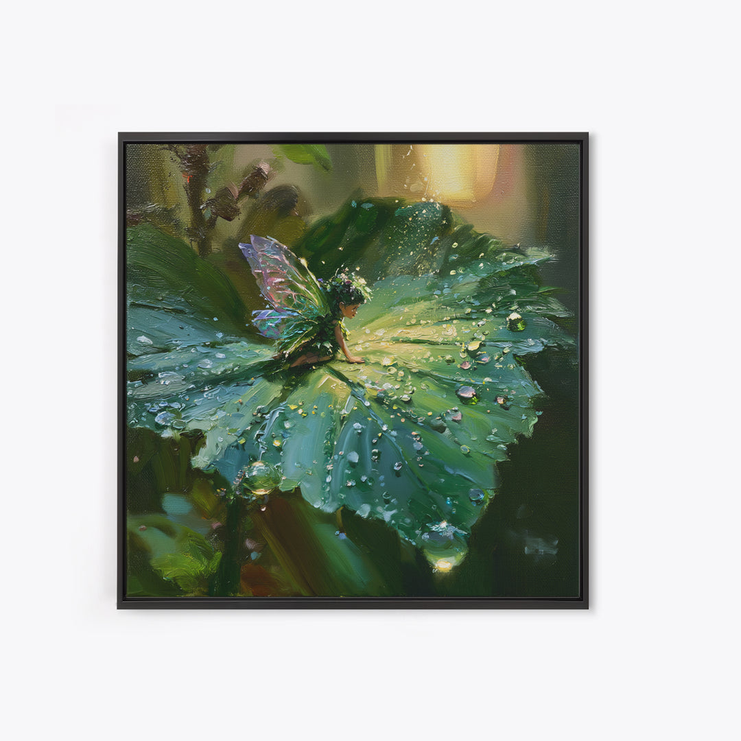 Tiny Fairy Resting on a Dew Covered Framed Canvas Print, Fairy Tale Art, Printable Art, Living Room Decor, Oil Painting, FTA-1x1-7