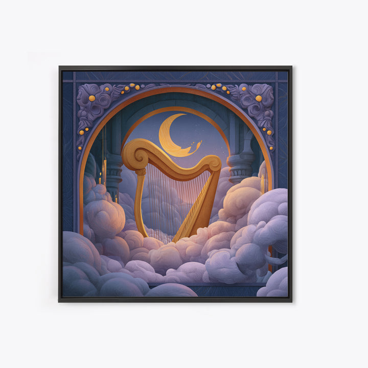 Golden Harp in a Cloud Kingdom Framed Canvas Print, Fairy Tale Art, Mixed Media Art, Living Room Decor, Fine Art, Storybook, FTA-1x1-70