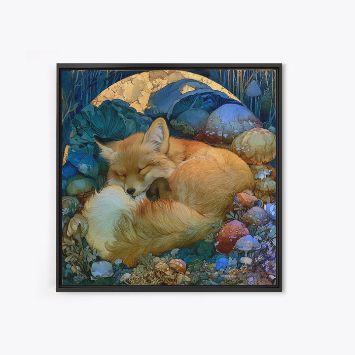 Sleeping Fox Beside a Magical Mushroom Ring Canvas Print, Fairy Tale Art, Statement Artwork, Living Room Decor, Storybook, FTA-1x1-75