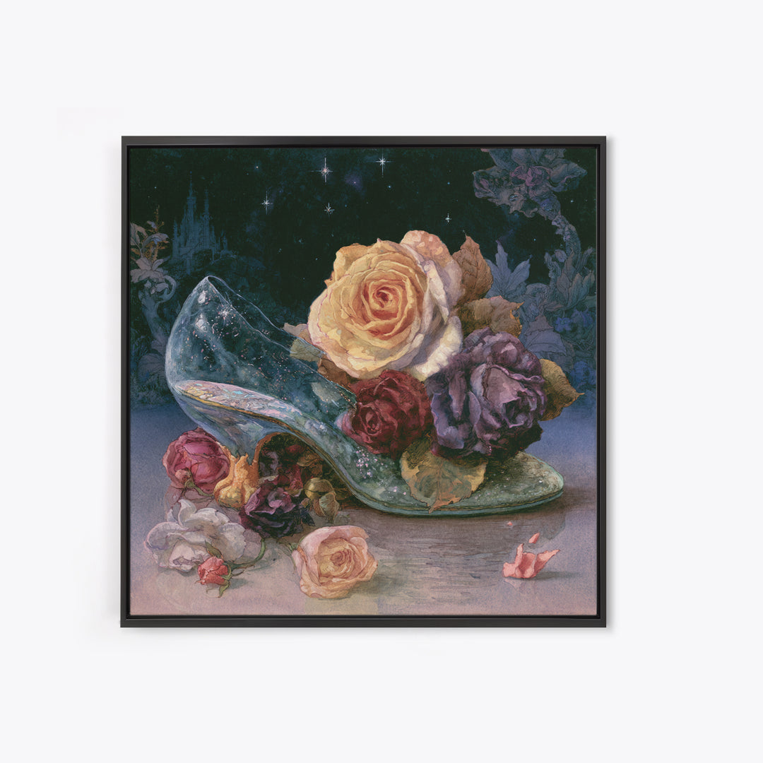 Glass Slipper Still Life Framed Canvas Print, Fairy Tale Art, Statement Artwork, Living Room Decor, Fine Art, Storybook, FTA-1x1-78
