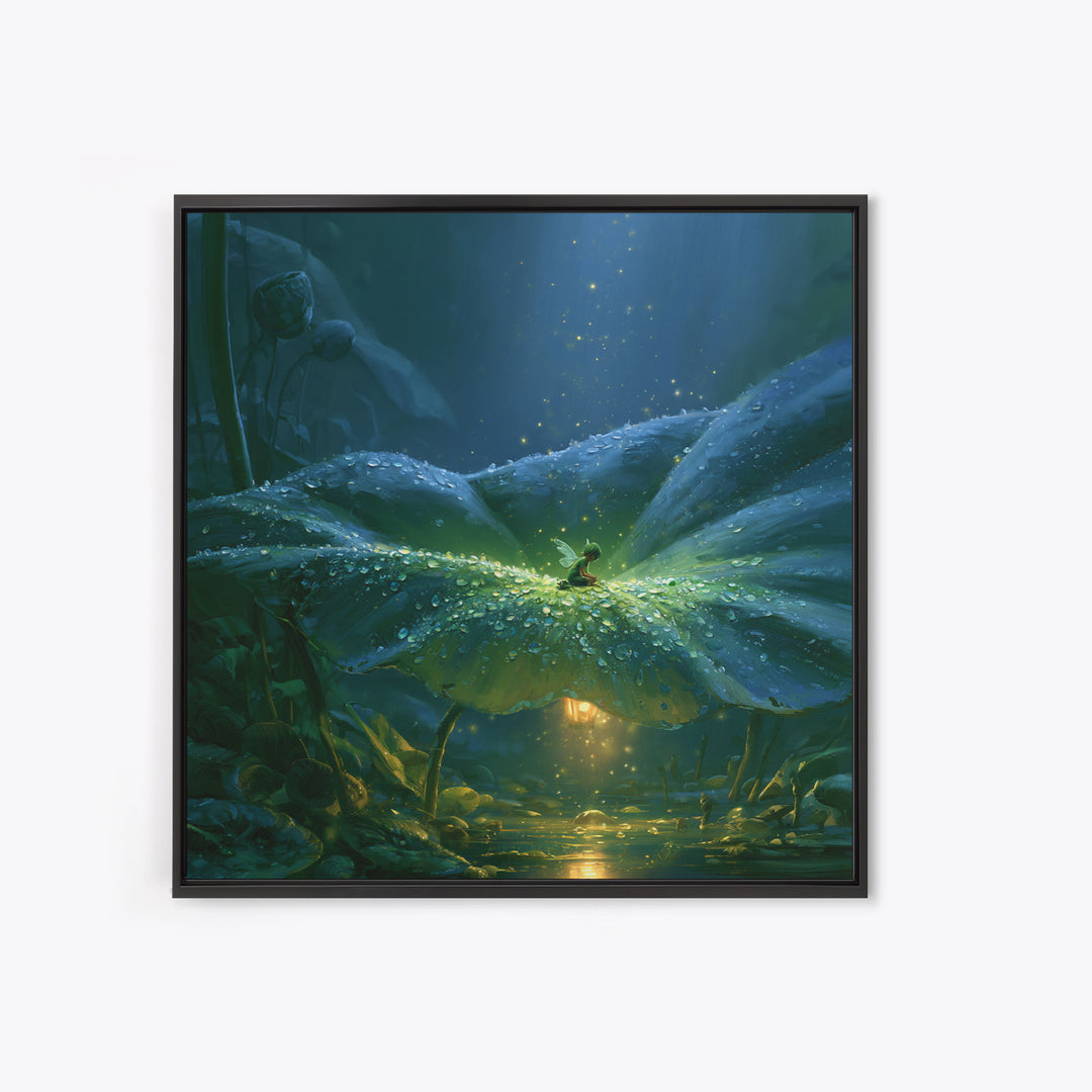Tiny Fairy Resting on a Dew Covered Framed Canvas Print, Fairy Tale Art, Boho Decor, Living Room Decor, Fine Art, Storybook, FTA-1x1-79