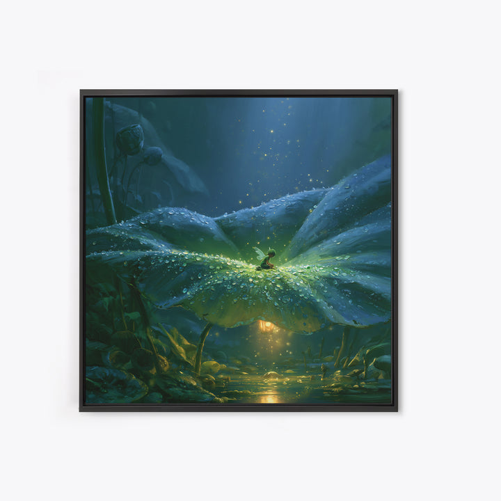 Tiny Fairy Resting on a Dew Covered Framed Canvas Print, Fairy Tale Art, Boho Decor, Living Room Decor, Fine Art, Storybook, FTA-1x1-79