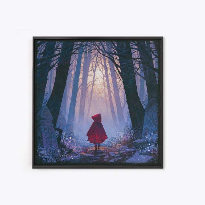 Red Cloak Figure Walking Through Dark Woods Canvas Print, Fairy Tale Art, Fine Art Print, Living Room Decor, Storybook, FTA-1x1-80