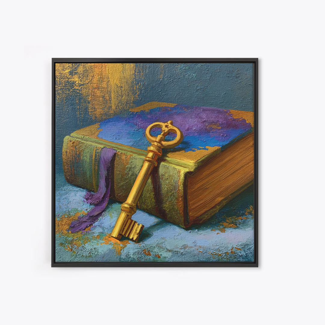 Golden Key and Enchanted Book Still Life Canvas Print, Fairy Tale Art, Painting, Living Room Decor, Fine Art, Storybook, FTA-1x1-81