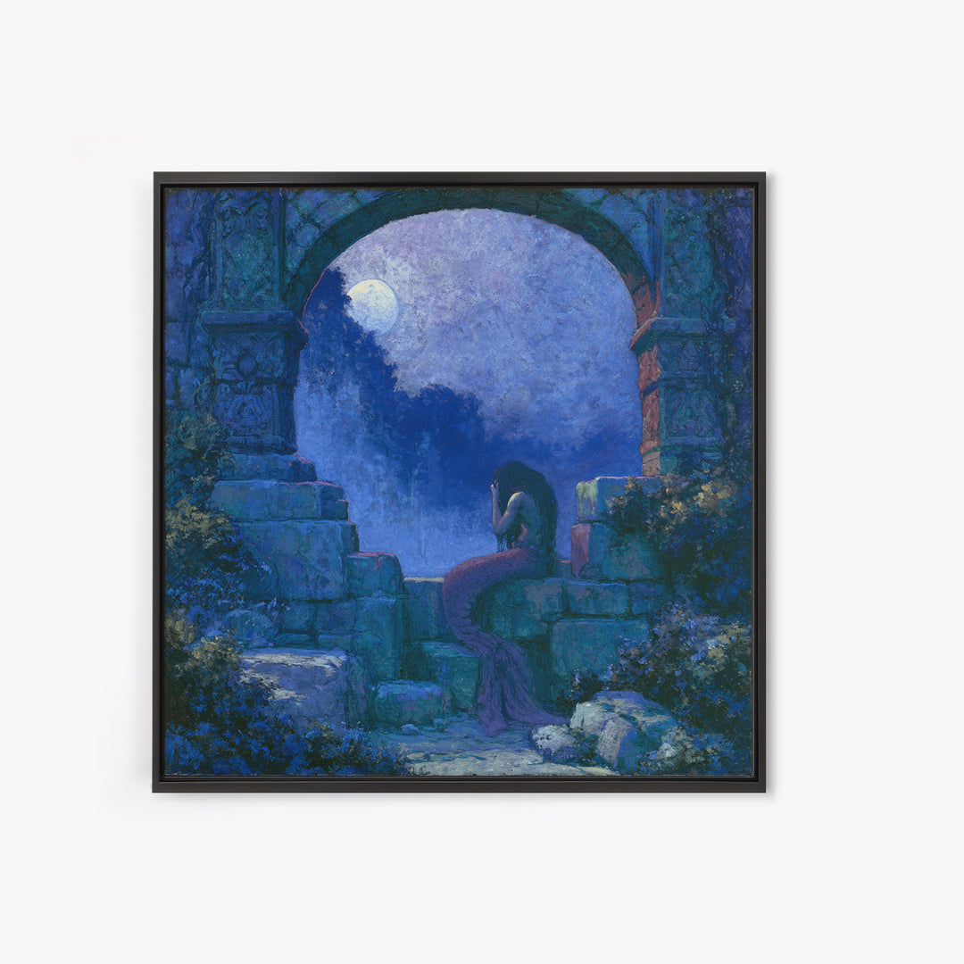 Mermaid Combing Hair Beneath a Pearl Moon Canvas Print, Fairy Tale Art, Kids Room Decor, Living Room Decor, Storybook, FTA-1x1-84