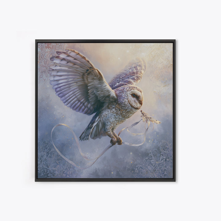 Owl Messenger Carrying a Tiny Ribbon Canvas Print, Fairy Tale Art, Contemporary Art, Living Room Decor, Fine Art, Storybook, FTA-1x1-89