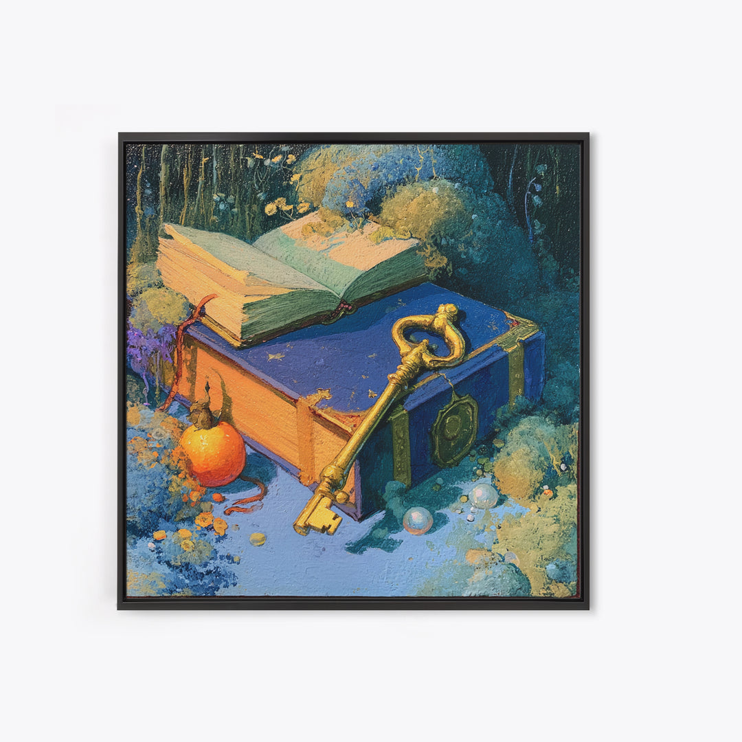 Golden Key and Enchanted Book Still Life Canvas Print, Fairy Tale Art, Statement Artwork, Living Room Decor, Storybook, FTA-1x1-9