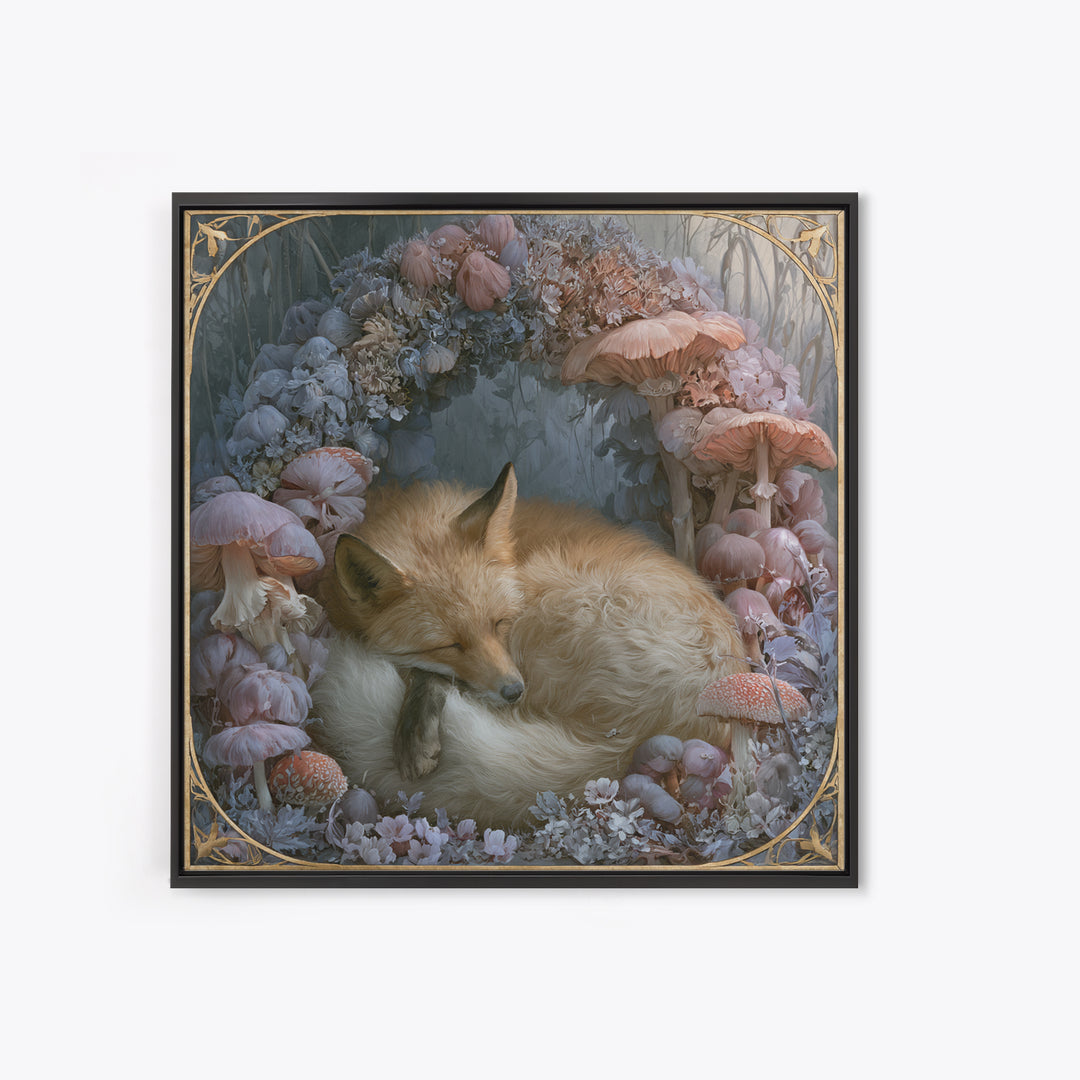 Sleeping Fox Beside a Magical Mushroom Ring Canvas Print, Fairy Tale Art, Painting, Living Room Decor, Fine Art, Storybook, FTA-1x1-99