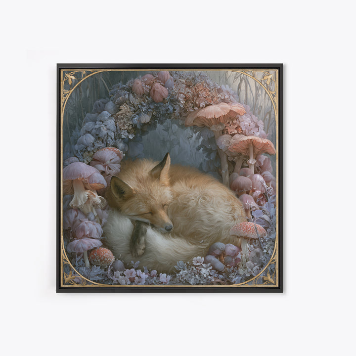 Sleeping Fox Beside a Magical Mushroom Ring Canvas Print, Fairy Tale Art, Painting, Living Room Decor, Fine Art, Storybook, FTA-1x1-99