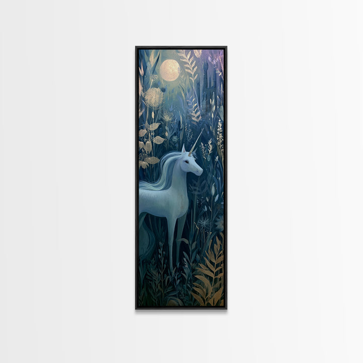 Unicorn in a Moonlit Meadow Canvas Print, Fairy Tale Art, Mixed Media Art, Living Room Decor, Oil Painting, Storybook, FTA-1x3-22
