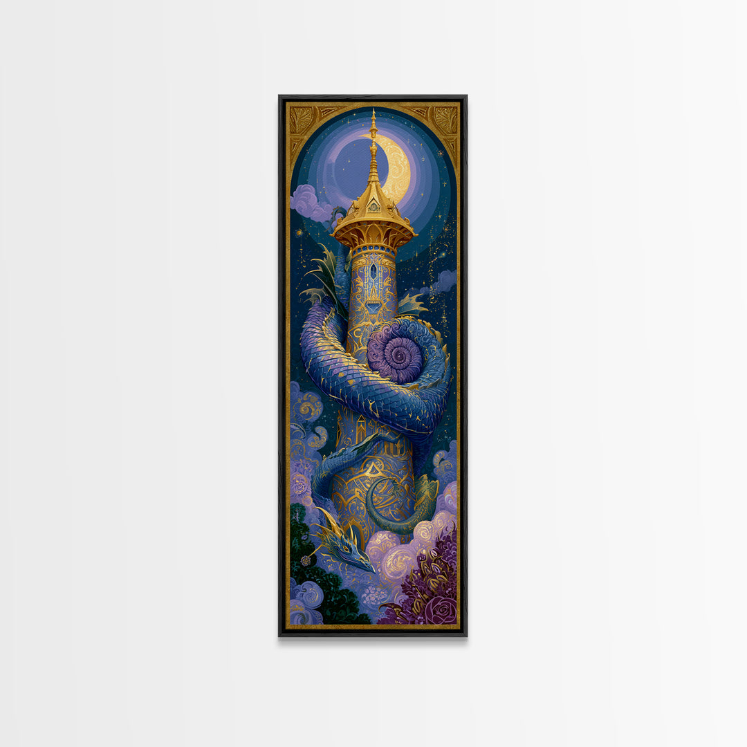 Dragon Curled Around a Jeweled Tower Canvas Print, Fairy Tale Art, Whimsical Wall Art, Living Room Decor, Fine Art, Storybook, FTA-1x3-41
