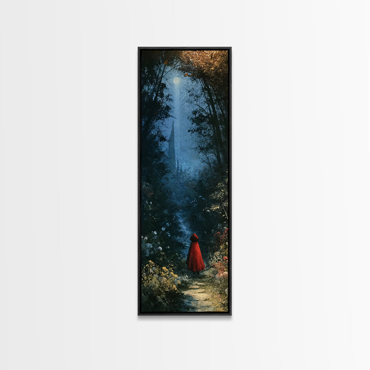 Red Cloak Figure Walking Through Dark Woods Canvas Print, Fairy Tale Art, Original Art, Living Room Decor, Fine Art, Storybook, FTA-1x3-44