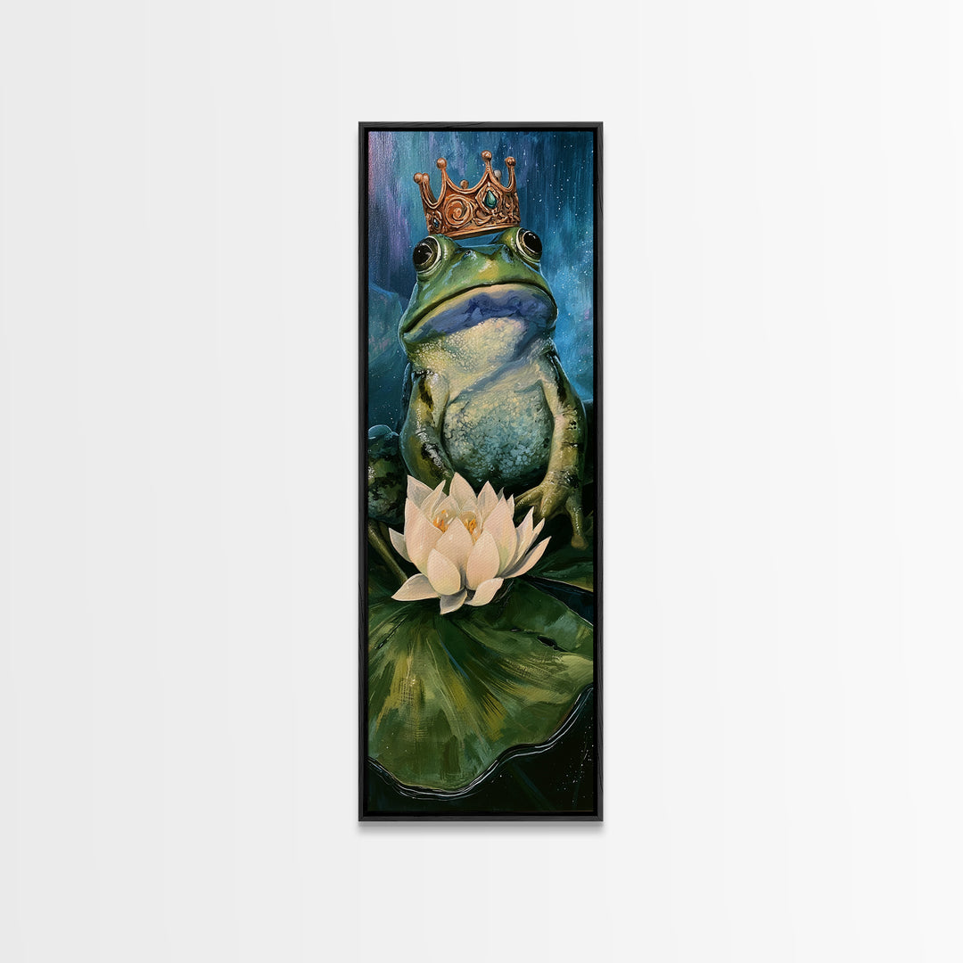 Frog Prince on a Lily Pad Framed Canvas Print, Fairy Tale Art, Whimsical Art, Living Room Decor, Fine Art, Storybook, FTA-1x3-47