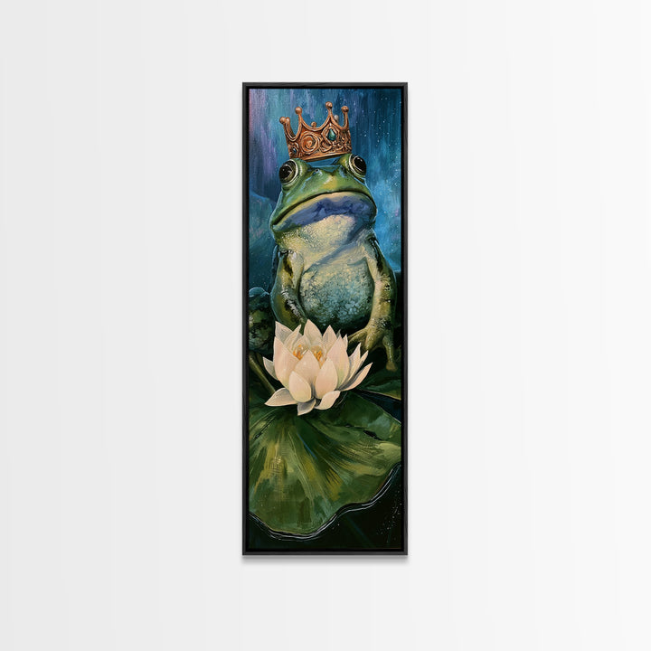 Frog Prince on a Lily Pad Framed Canvas Print, Fairy Tale Art, Whimsical Art, Living Room Decor, Fine Art, Storybook, FTA-1x3-47
