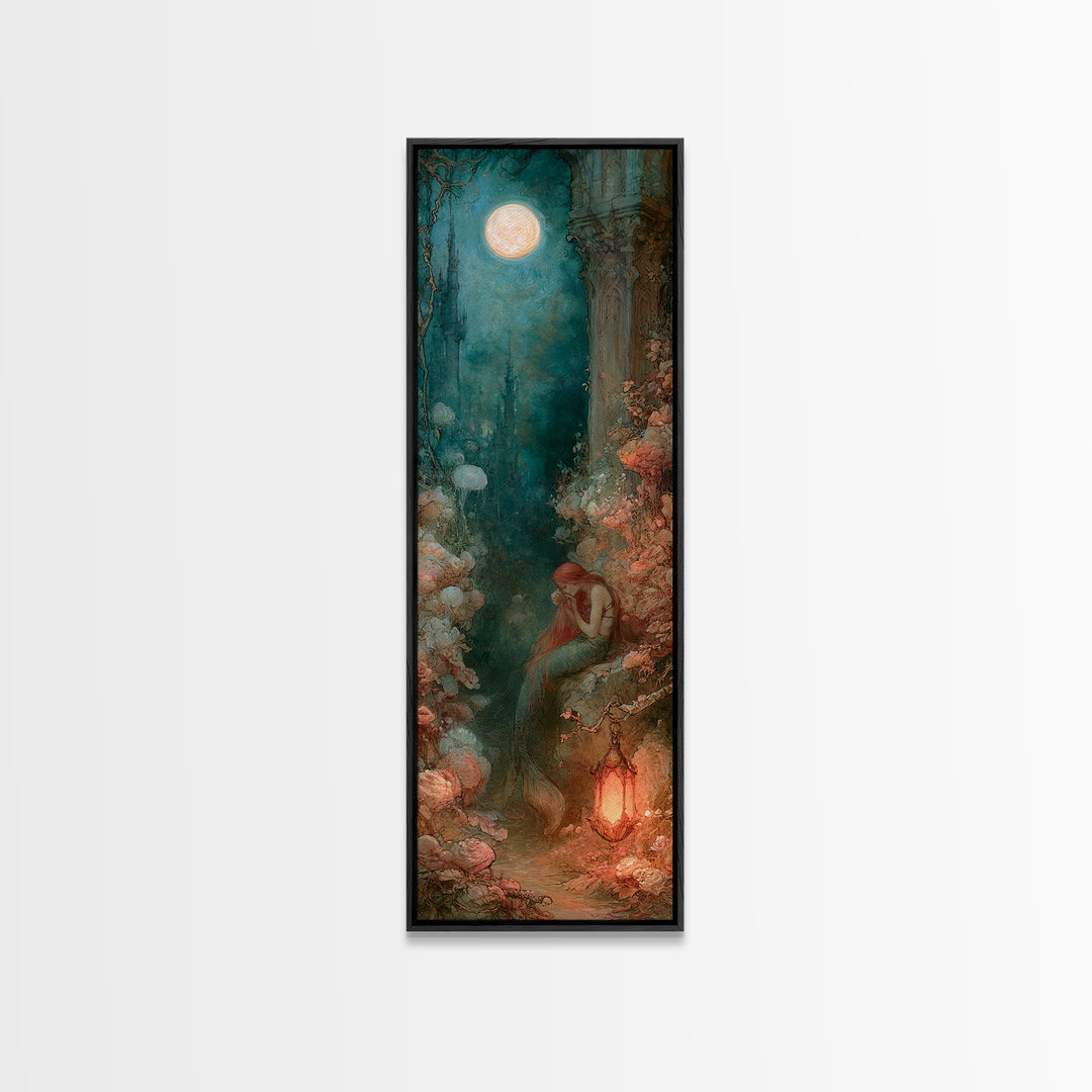 Mermaid Combing Hair Beneath a Pearl Moon Canvas Print, Fairy Tale Art, Nursery Wall Art, Living Room Decor, Watercolor Art, FTA-1x3-48