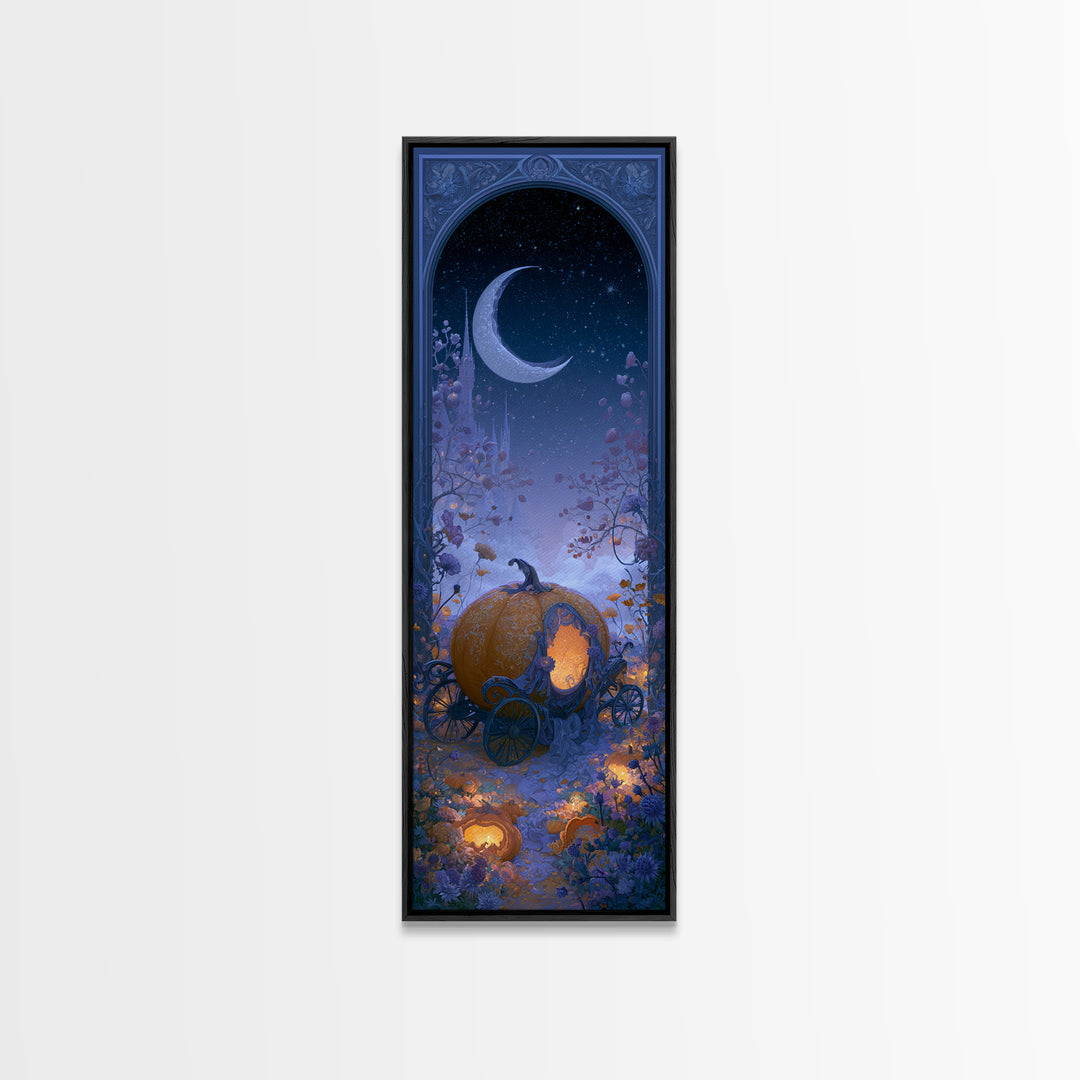 Pumpkin Carriage under Midnight Sky Framed Canvas Print, Fairy Tale Art, Art Nouveau, Living Room Decor, Fine Art, Storybook, FTA-1x3-52