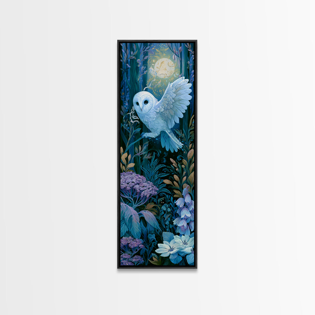 Owl Messenger Carrying a Tiny Ribbon Framed Canvas Print, Fairy Tale Art, Textured Painting, Living Room Decor, Storybook, FTA-1x3-53