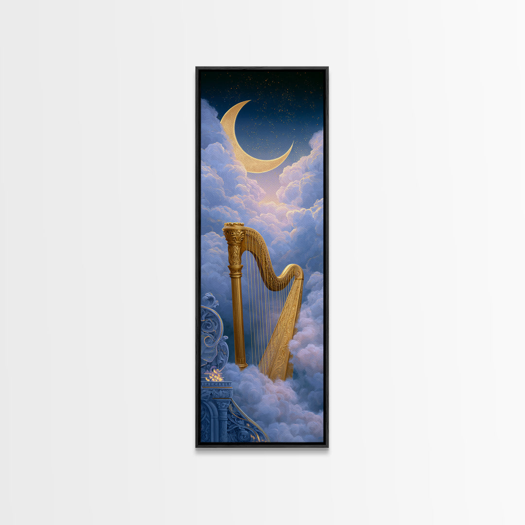 Golden Harp in a Cloud Kingdom Framed Canvas Print, Fairy Tale Art, Art Nouveau Print, Living Room Decor, Watercolor Art, FTA-1x3-58