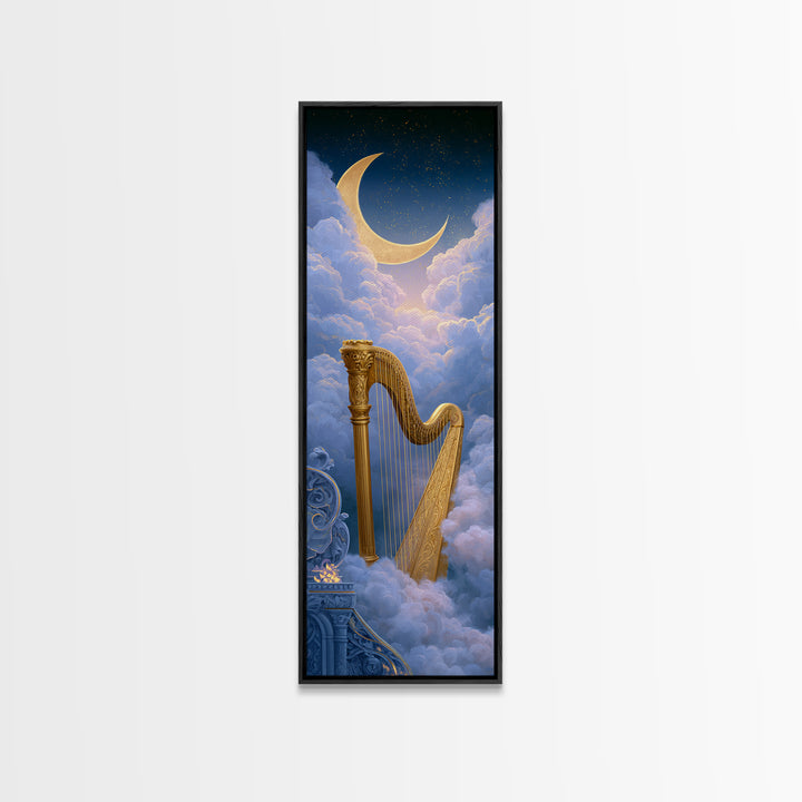 Golden Harp in a Cloud Kingdom Framed Canvas Print, Fairy Tale Art, Art Nouveau Print, Living Room Decor, Watercolor Art, FTA-1x3-58