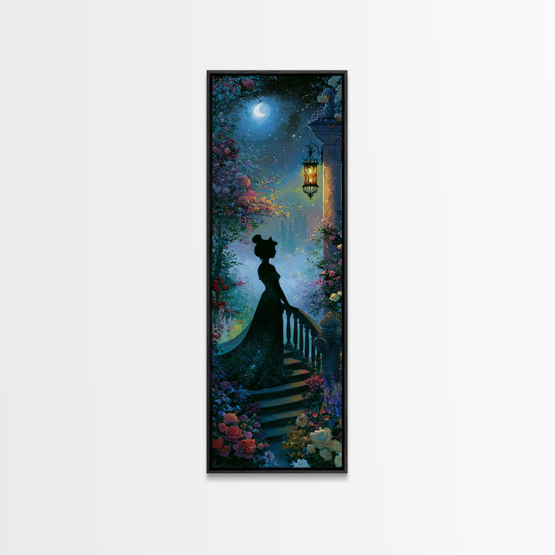 Princess Silhouette with Moonlit Garden Flowers Framed Canvas Print, Fairy Tale Art, Watercolor Art, Living Room Decor, FTA-1x3-64