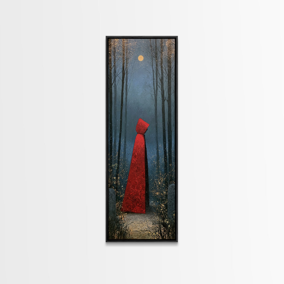 Red Cloak Figure Walking Through Dark Woods Canvas Print, Fairy Tale Art, Whimsical Art, Living Room Decor, Oil Painting, FTA-1x3-68