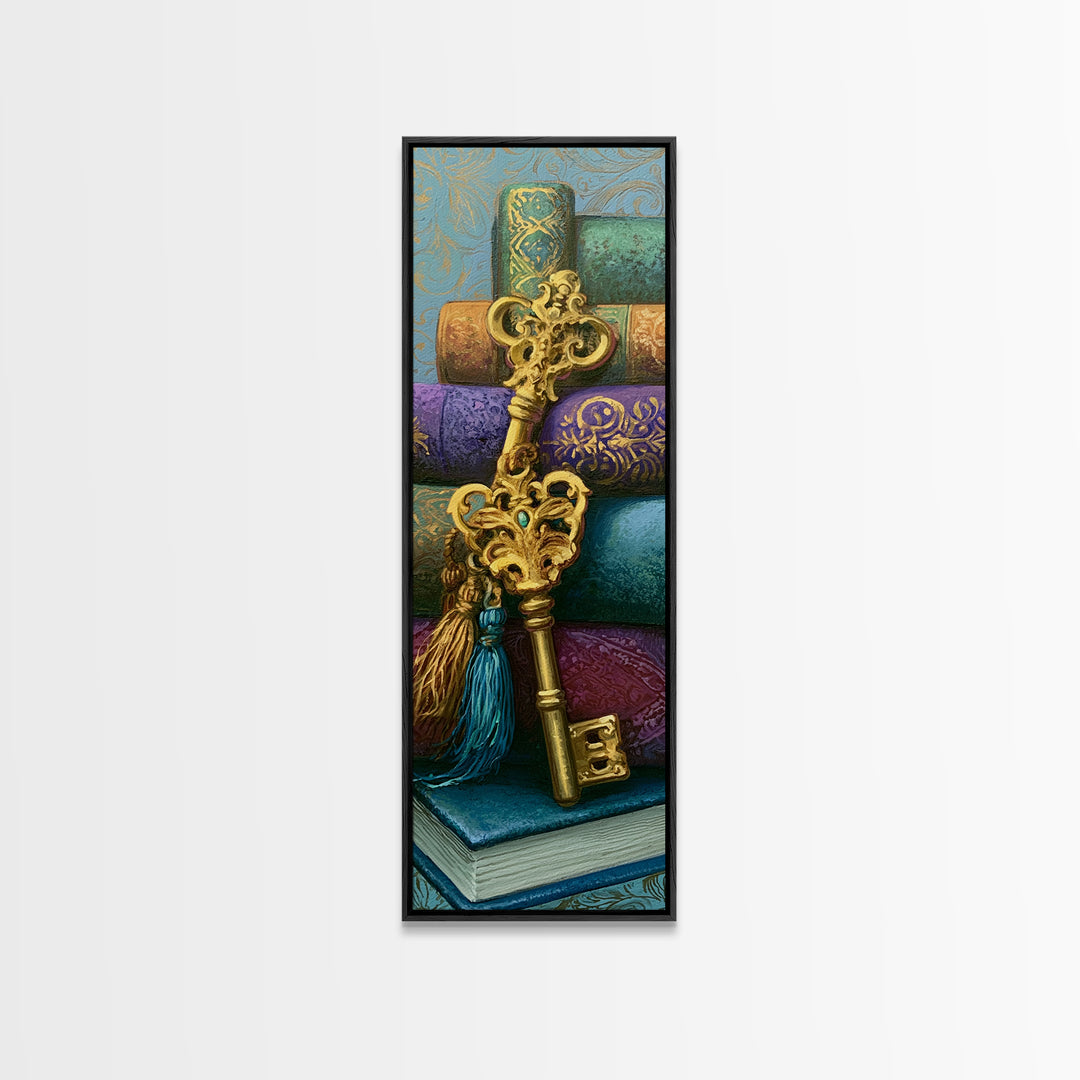 Golden Key and Enchanted Book Still Life Framed Canvas Print, Fairy Tale Art, Wall Art, Living Room Decor, Oil Painting, FTA-1x3-69