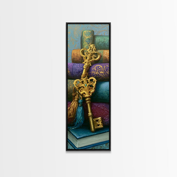 Golden Key and Enchanted Book Still Life Framed Canvas Print, Fairy Tale Art, Wall Art, Living Room Decor, Oil Painting, FTA-1x3-69
