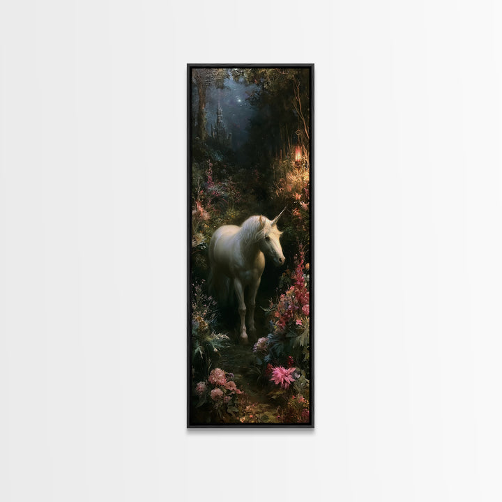 Unicorn in a Moonlit Meadow Framed Canvas Print, Fairy Tale Art, Modern Decor, Living Room Decor, Fine Art, Storybook, FTA-1x3-70