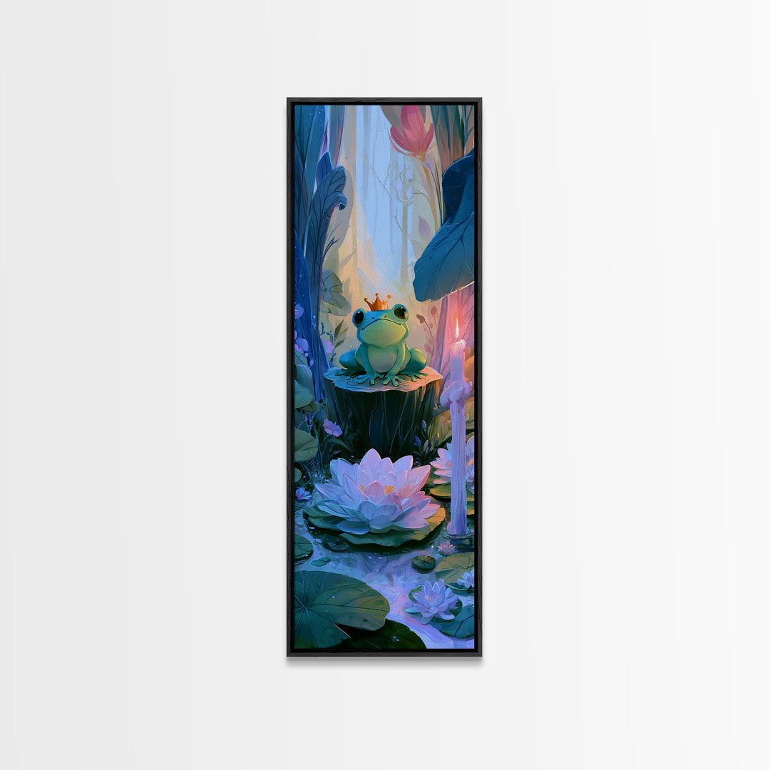 Frog Prince on a Lily Pad Framed Canvas Print, Fairy Tale Art, Gallery Decor, Living Room Decor, Fine Art, Storybook, FTA-1x3-71