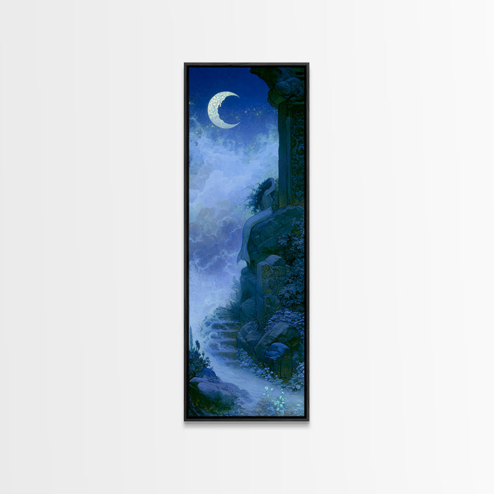 Mermaid Combing Hair Beneath a Pearl Moon Canvas Print, Fairy Tale Art, Folk Art, Living Room Decor, Fine Art, Storybook, FTA-1x3-72