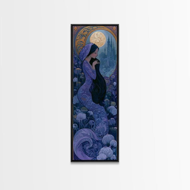 Mermaid Combing Hair Beneath a Pearl Moon Canvas Print, Fairy Tale Art, Kids Room Decor, Living Room Decor, Storybook, FTA-1x3-96