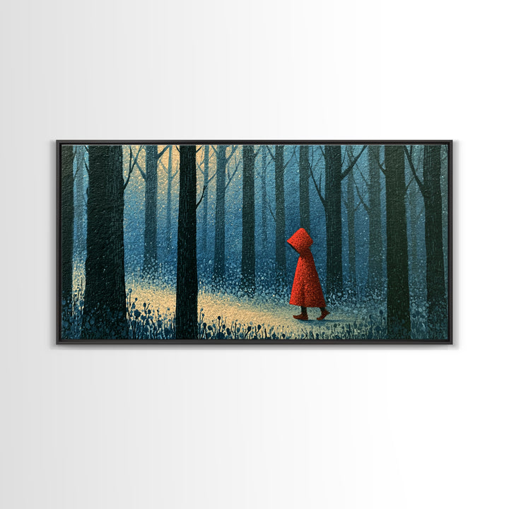 Red Cloak Figure Walking Through Dark Woods Framed Canvas Print, Fairy Tale Art, Dark Art, Living Room Decor, Storybook, FTA-2x1-100