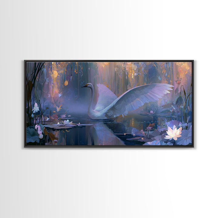 White Swan Transformation Scene Framed Canvas Print, Fairy Tale Art, Folk Art, Living Room Decor, Fine Art, Storybook, FTA-2x1-11