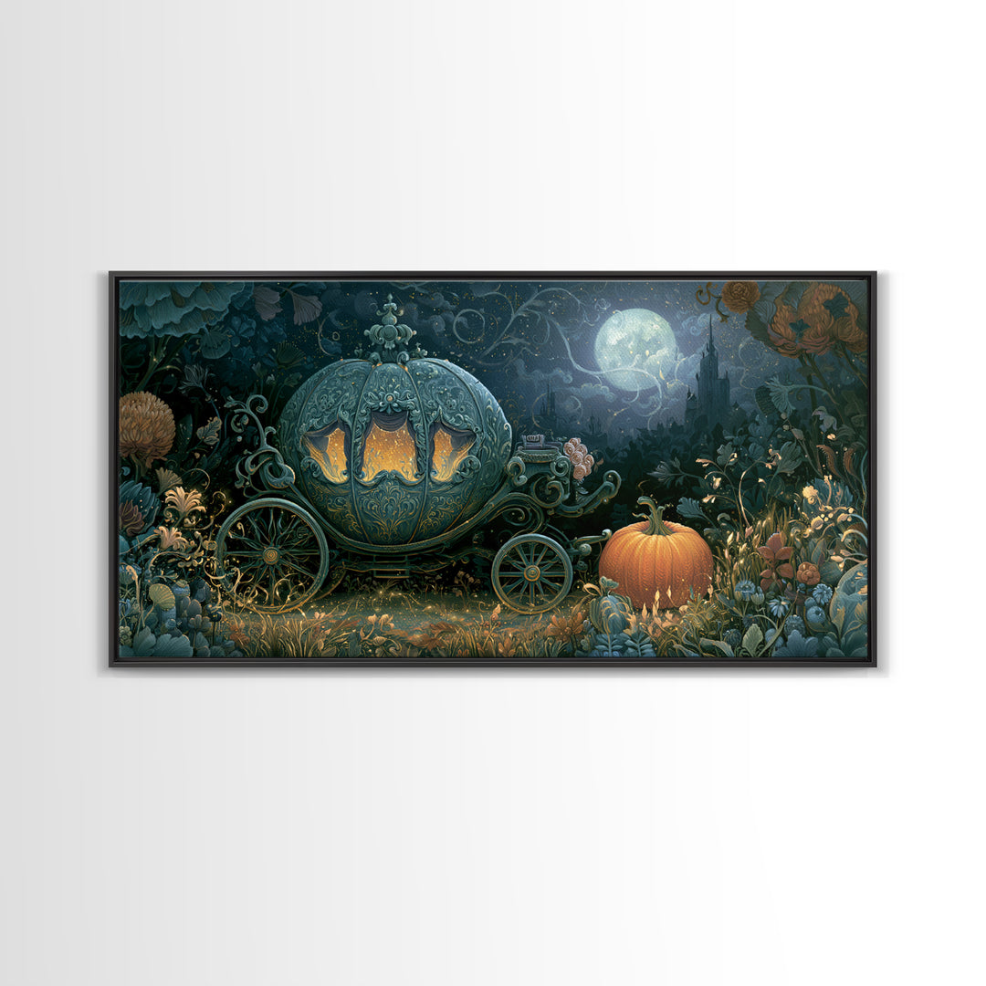 Pumpkin Carriage under Midnight Sky Framed Canvas Print, Fairy Tale Art, Room Decor, Living Room Decor, Fine Art, Storybook, FTA-2x1-12