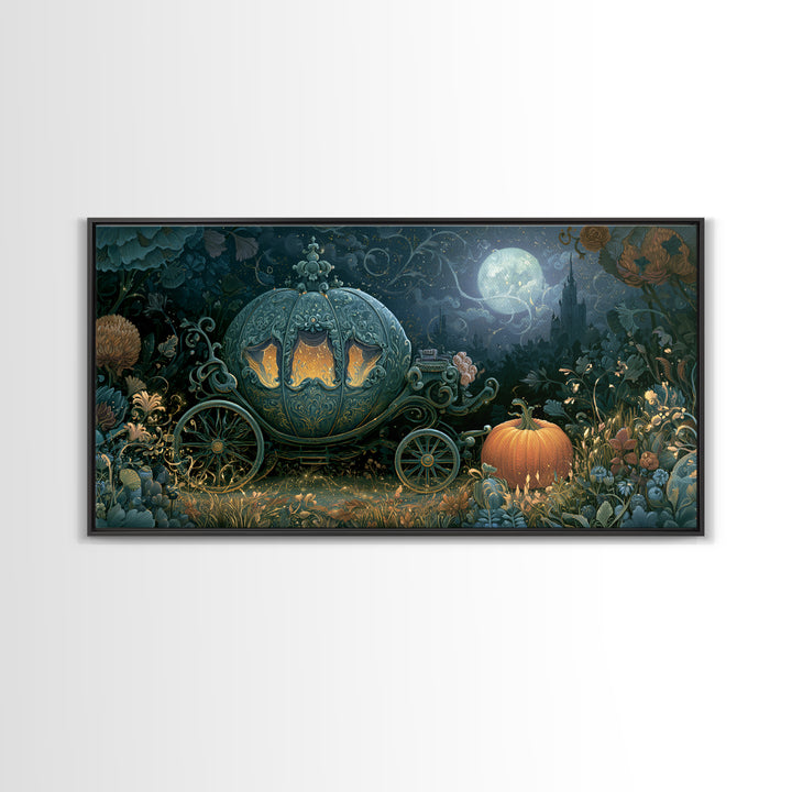 Pumpkin Carriage under Midnight Sky Framed Canvas Print, Fairy Tale Art, Room Decor, Living Room Decor, Fine Art, Storybook, FTA-2x1-12